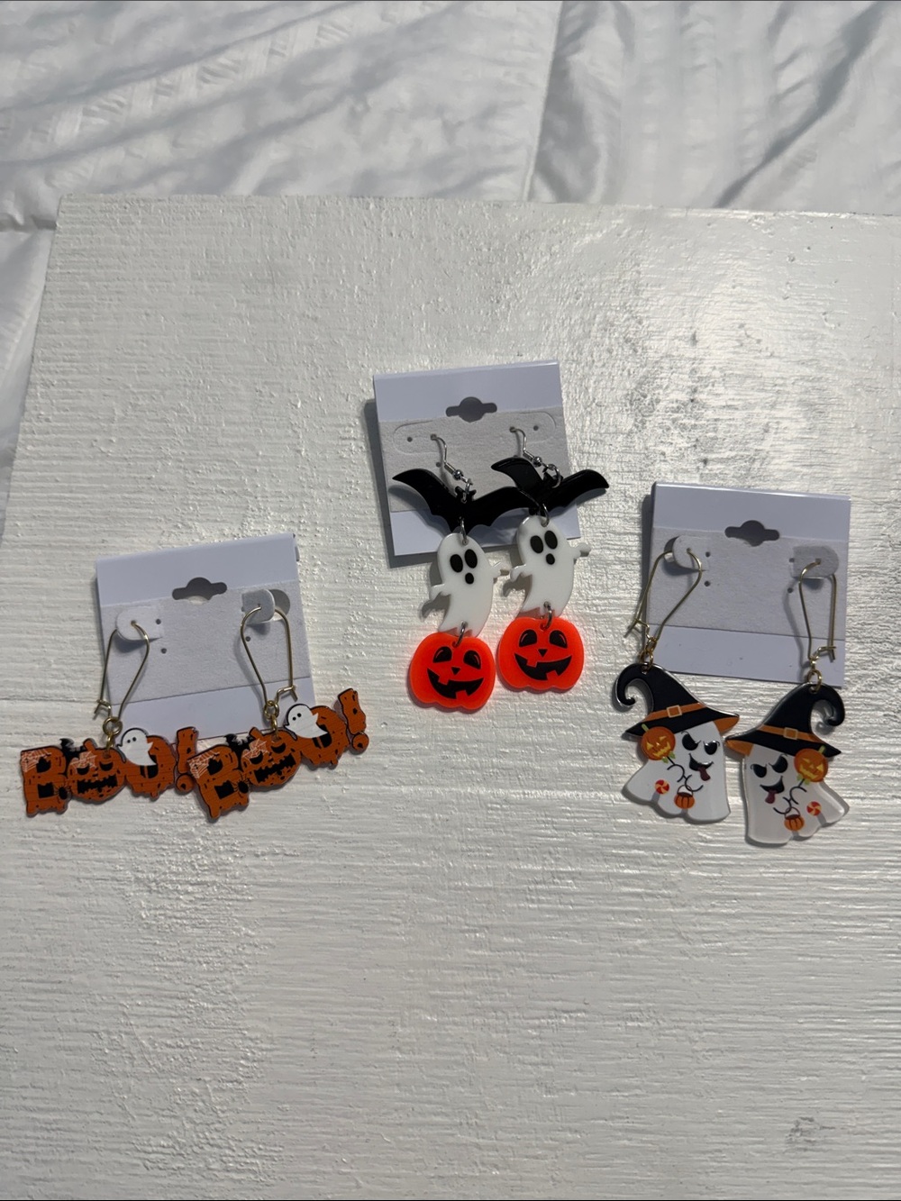 3 pairs Halloween Women’s festive Ghost and Pumpkin Earrings - Orange/White - Picture 1 of 4